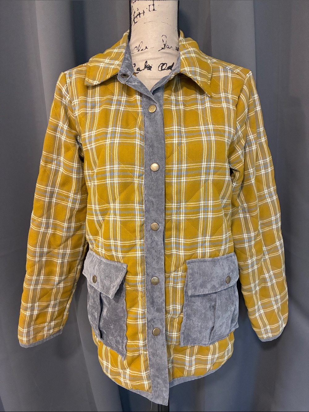 Hem & Thread Mustard Plaid Utility Jacket with Gray Trim
